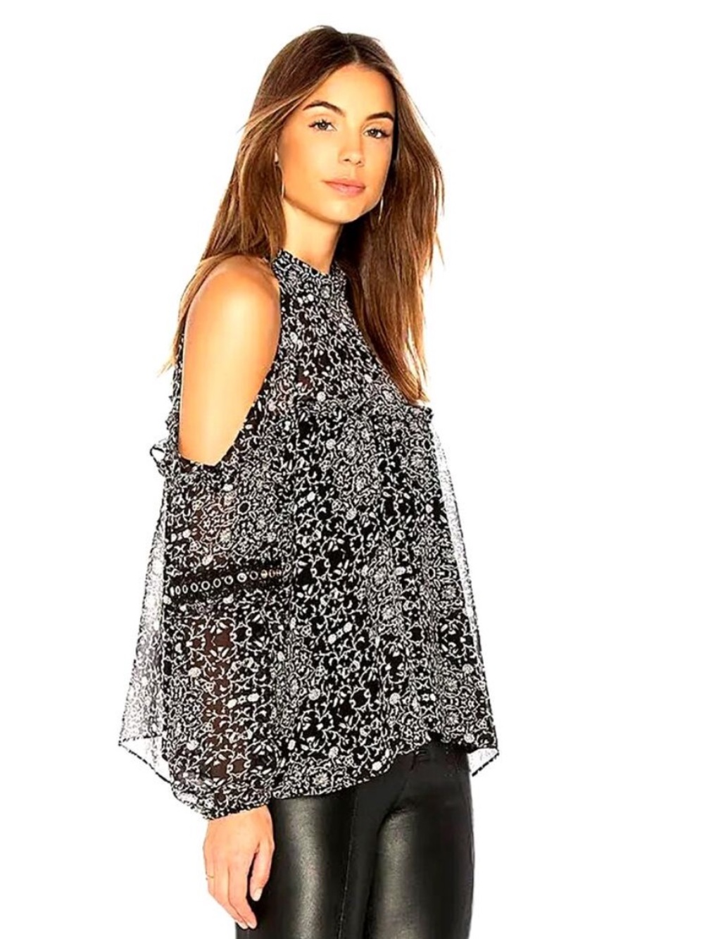 MISA LOS ANGELES black white floral print cold shoulder lace grommet top large